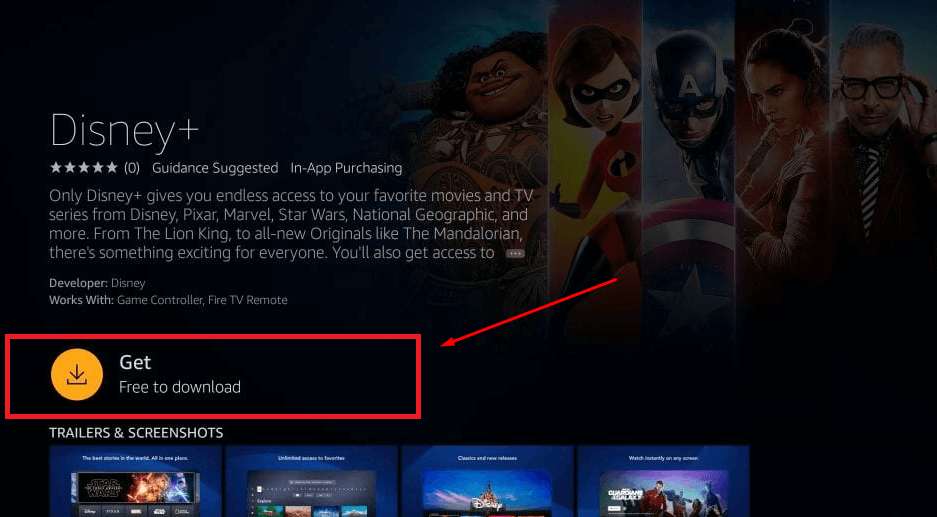 Click Get to download Disney Plus on Firestick
