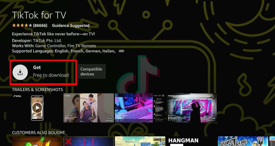 Tap Get to download TikTok for TV