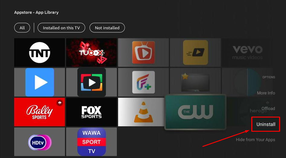 Click uninstall to delete the apps on Firestick