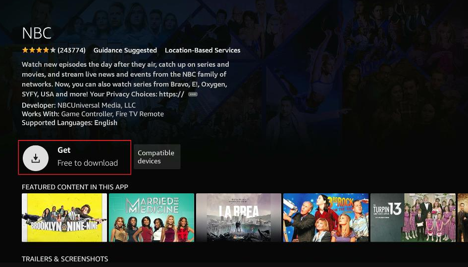 Click Get to install NBC on Firestick