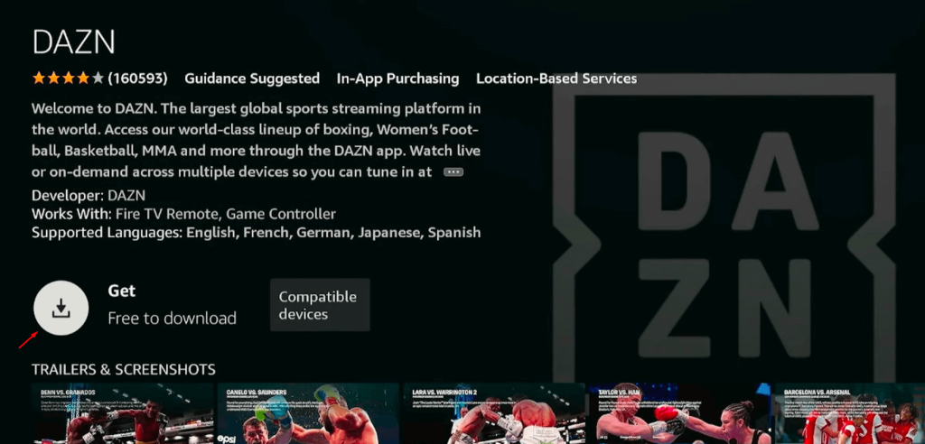 Click Get to Install DAZN on Firestick