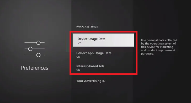 Disable the Settings to block ads on Firestick